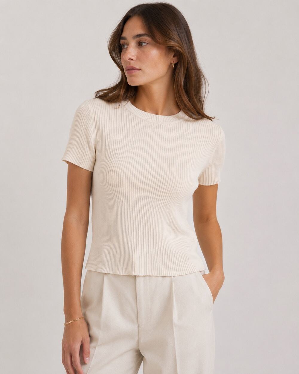Leith Cream Ribbed Knit Top Size M Clean Girl Quiet Luxury Capsule Wardrobe